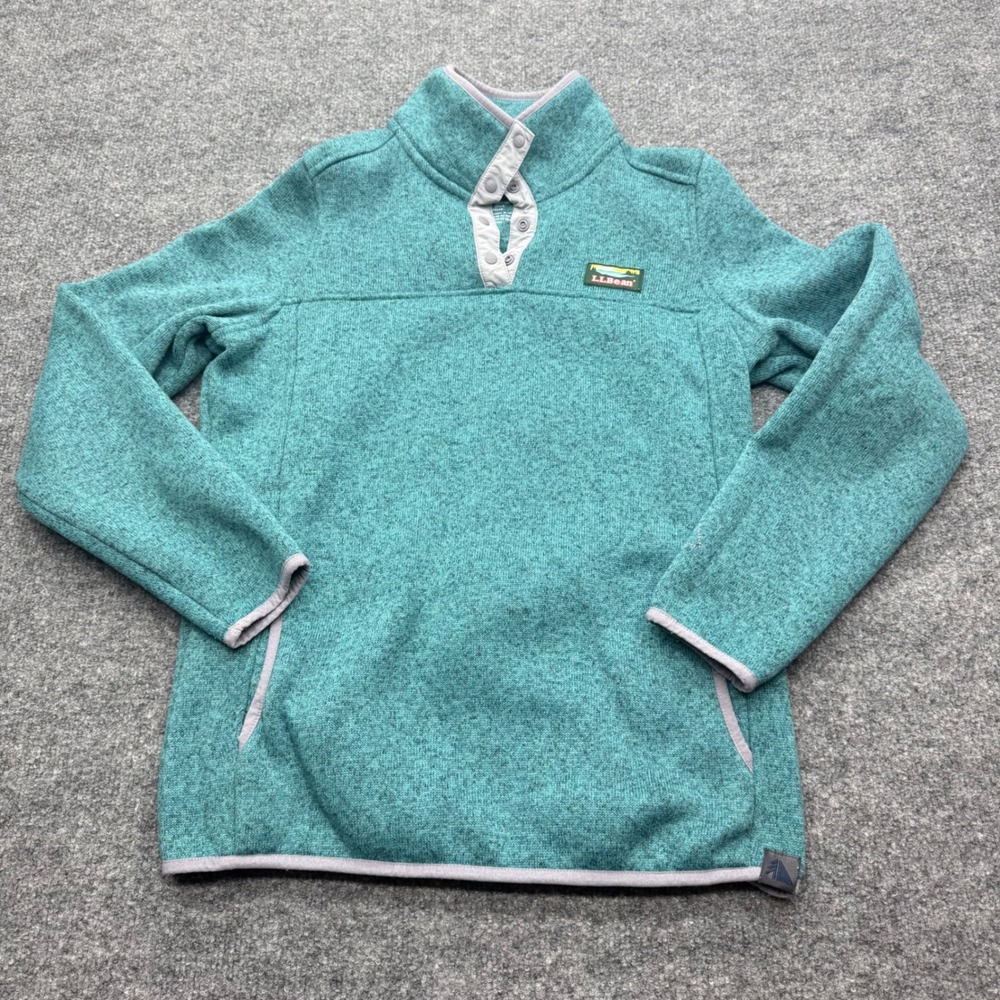 LL Bean Womens Sweater Fleece Pullover Teal Heather Snap Mock Neck Small 292726